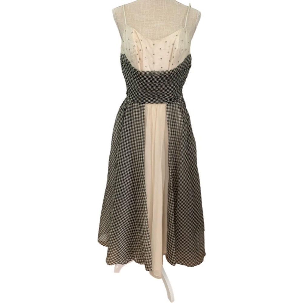 Vintage 1950’s Satin & Chiffon Gingham Check Bodice Cottagecore Midi Dress Sz 8
